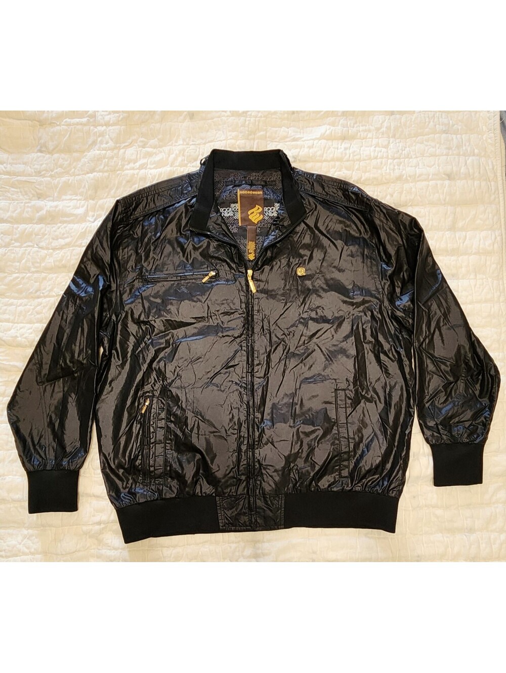 Rocawear Men's Black With Gold Hardware 2XL Bomber Jacket Vintage 90s